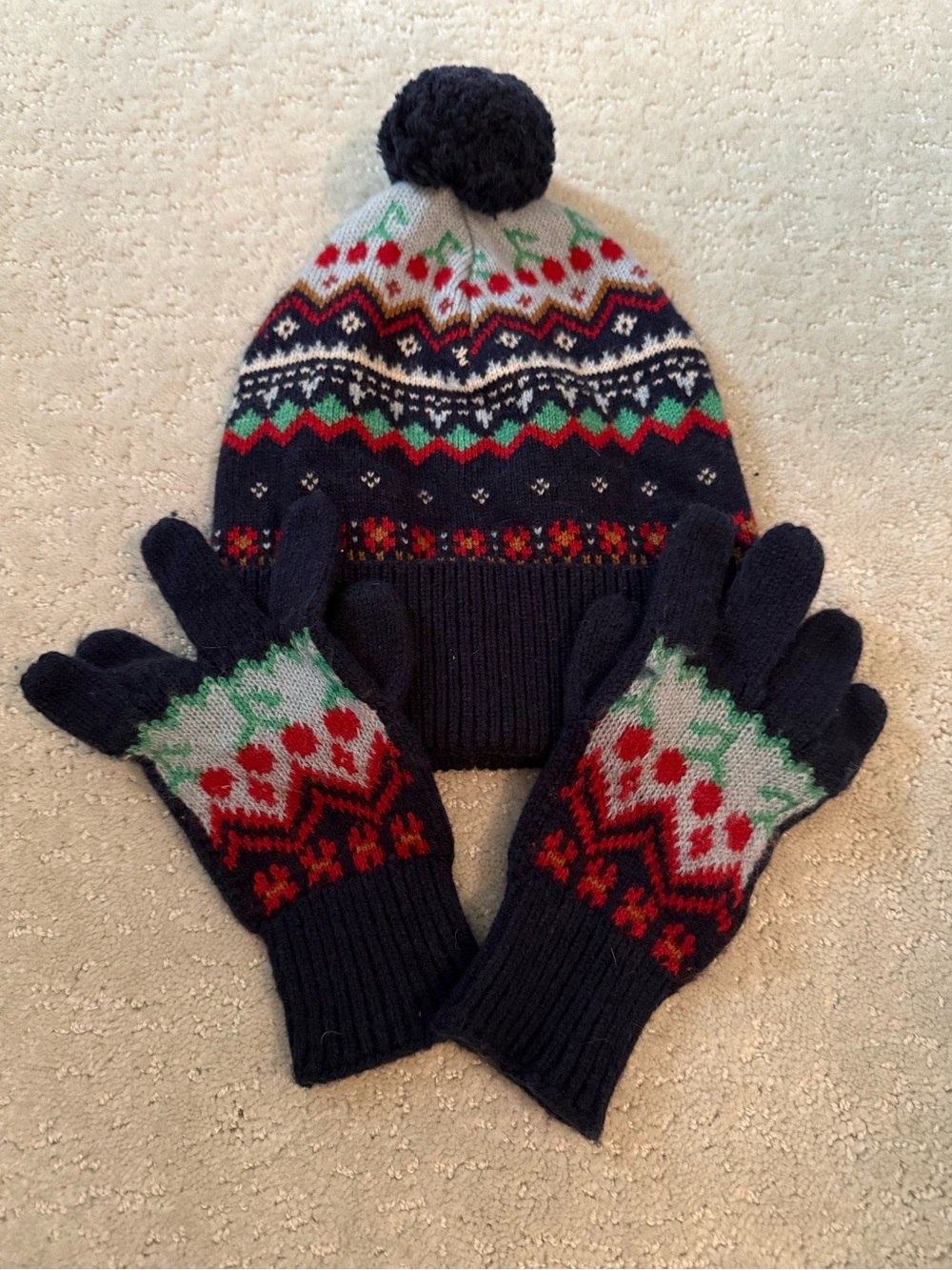 Crewcuts Navy Pom-Pom Hat & Gloves Set with Red and Green Fair Isle